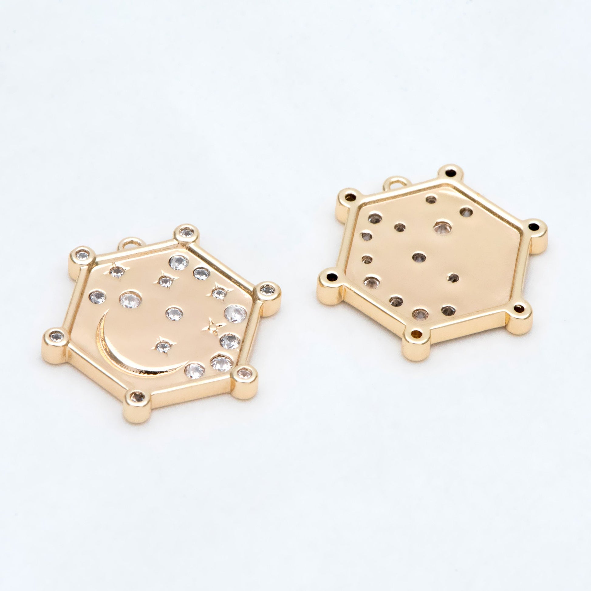 4pcs CZ pave Gold Hexagon Charm, Real Gold plated Brass, Moon And Star Pendant (GB-2394-J)