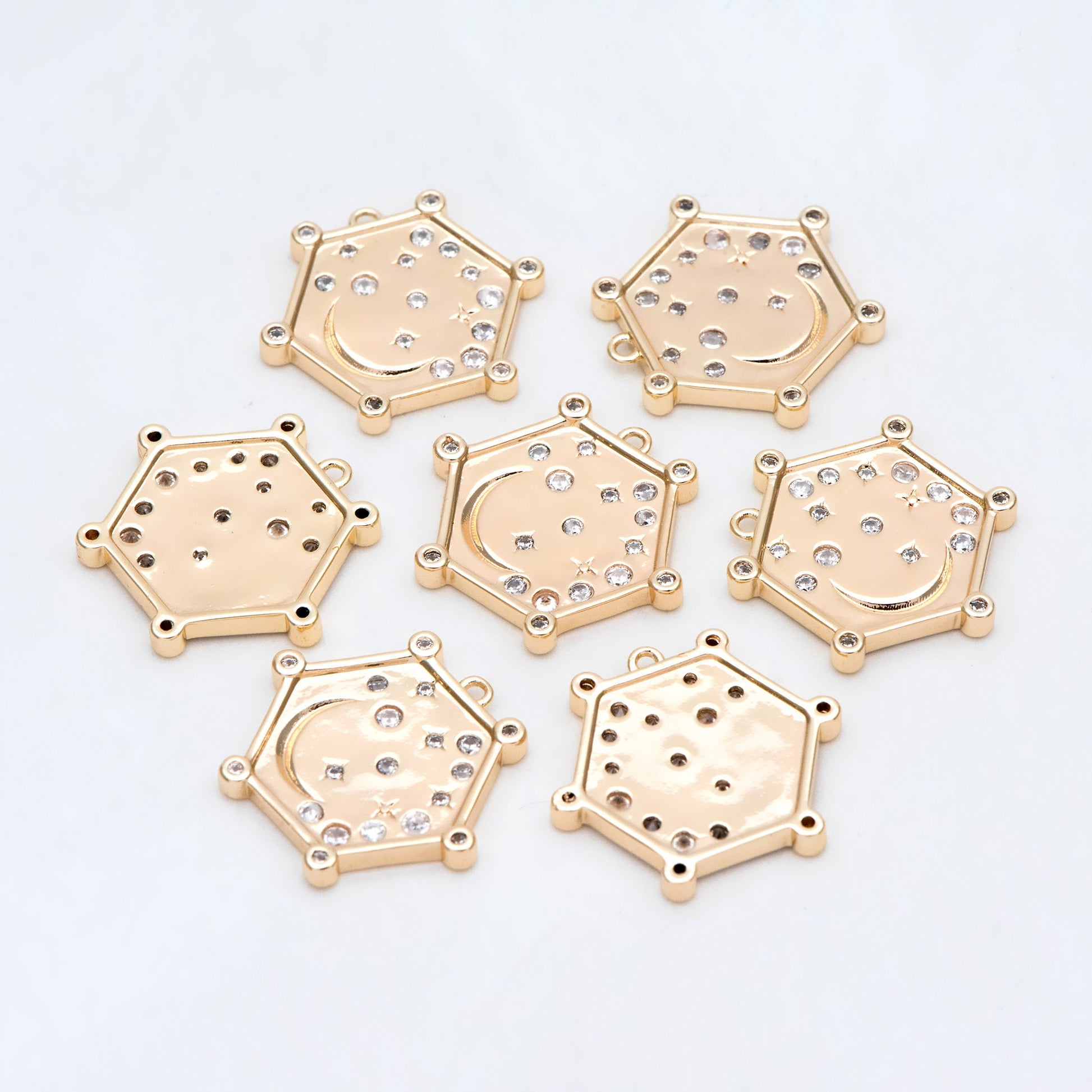 4pcs CZ pave Gold Hexagon Charm, Real Gold plated Brass, Moon And Star Pendant (GB-2394-J)