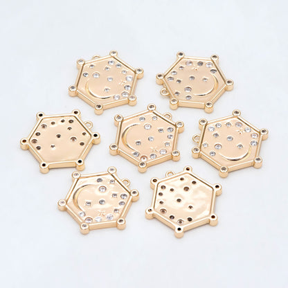 4pcs CZ pave Gold Hexagon Charm, Real Gold plated Brass, Moon And Star Pendant (GB-2394-J)