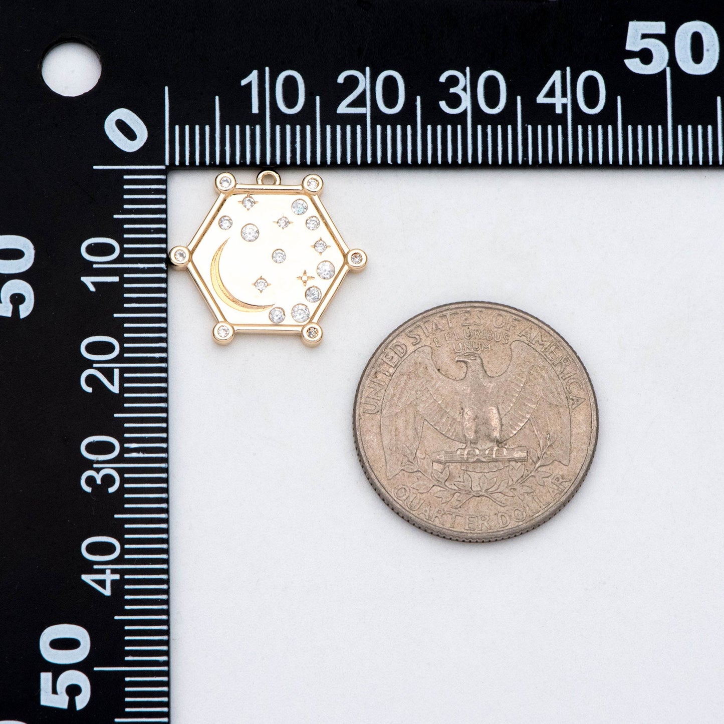 4pcs CZ pave Gold Hexagon Charm, Real Gold plated Brass, Moon And Star Pendant (GB-2394-J)