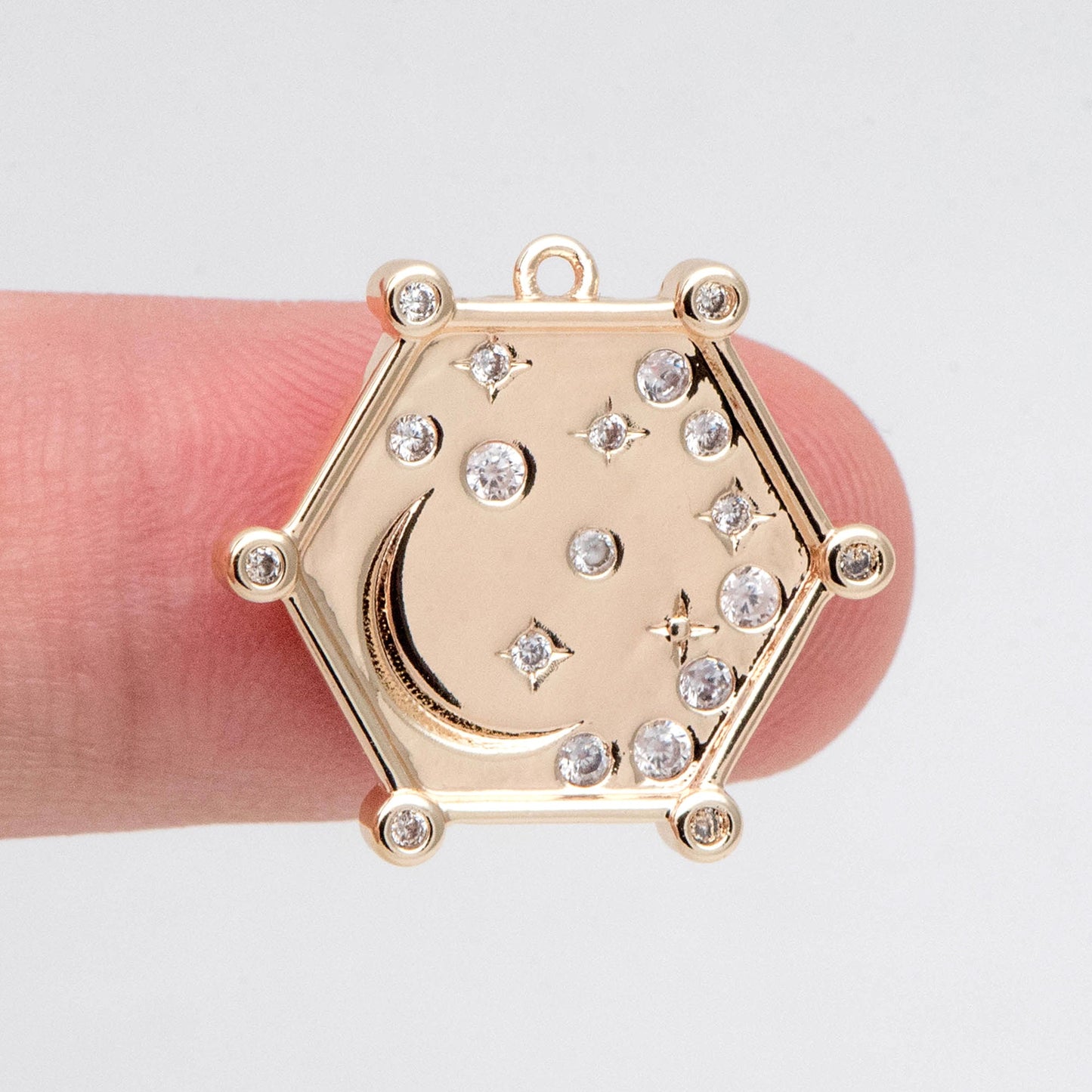 4pcs CZ pave Gold Hexagon Charm, Real Gold plated Brass, Moon And Star Pendant (GB-2394-J)