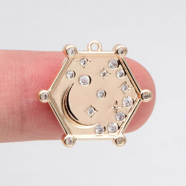 4pcs CZ pave Gold Hexagon Charm, Real Gold plated Brass, Moon And Star Pendant (GB-2394-J)