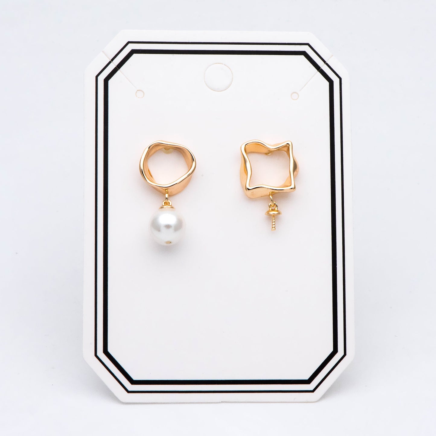 10pcs Gold Asymmetry Circle Square Earring Posts, Geometric Shape Earring, Half Drilled Pearl Mounts, Pearl Earring Settings (#GB-2941)