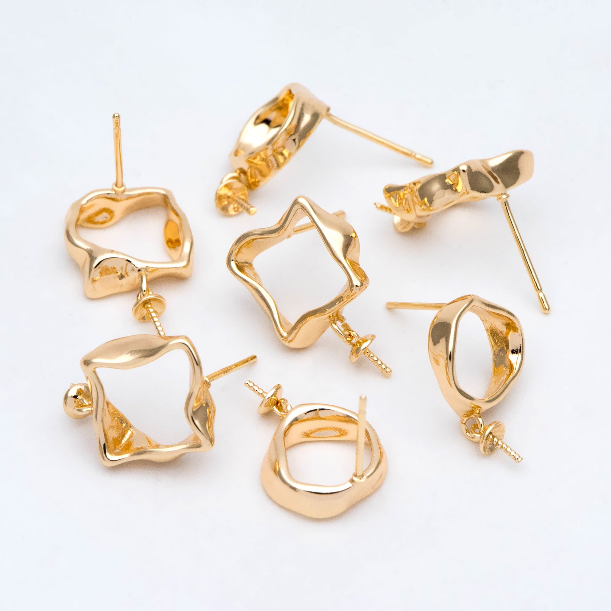 10pcs Gold Asymmetry Circle Square Earring Posts, Geometric Shape Earring, Half Drilled Pearl Mounts, Pearl Earring Settings (#GB-2941)