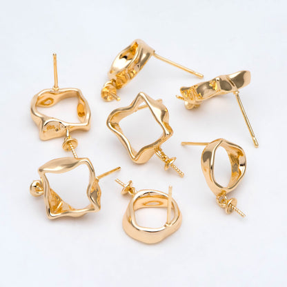 10pcs Gold Asymmetry Circle Square Earring Posts, Geometric Shape Earring, Half Drilled Pearl Mounts, Pearl Earring Settings (#GB-2941)