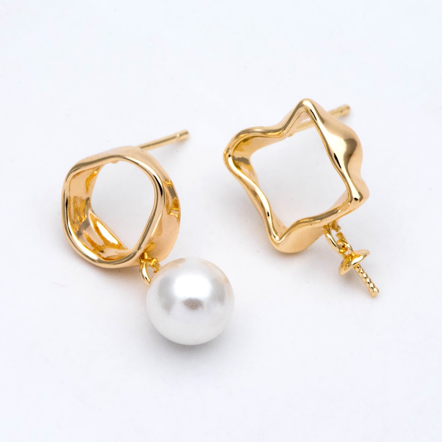 10pcs Gold Asymmetry Circle Square Earring Posts, Geometric Shape Earring, Half Drilled Pearl Mounts, Pearl Earring Settings (#GB-2941)