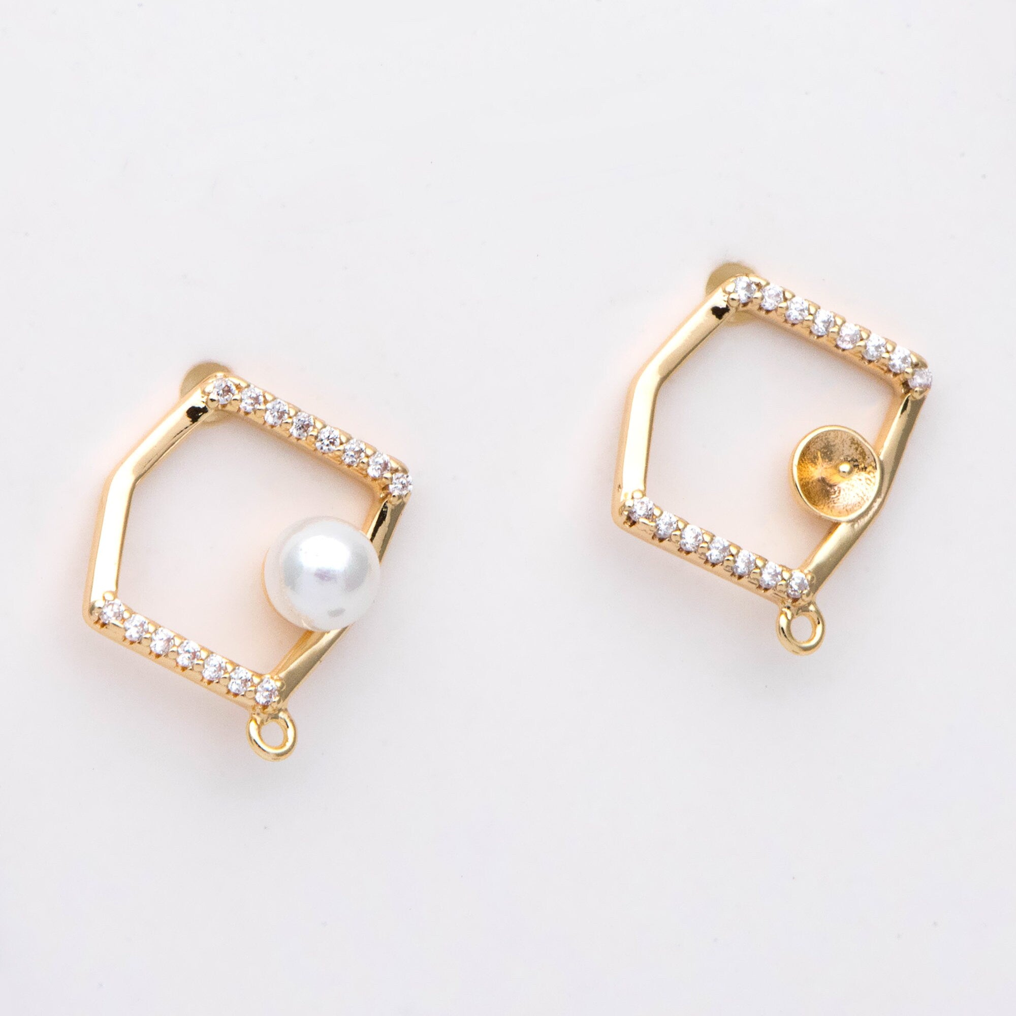 10pcs CZ pave Irregular Earring with loop 15x14mm, Pearl Peg Earring Mounts,Half Drilled Pearl Earring Settings (GB-1542)