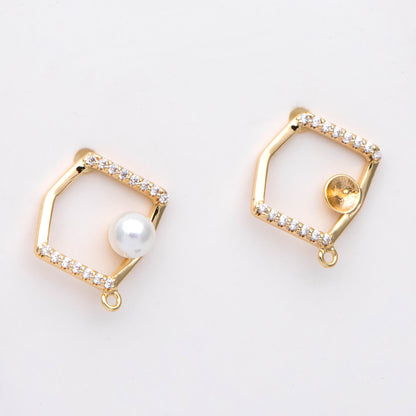 10pcs CZ pave Irregular Earring with loop 15x14mm, Pearl Peg Earring Mounts,Half Drilled Pearl Earring Settings (GB-1542)