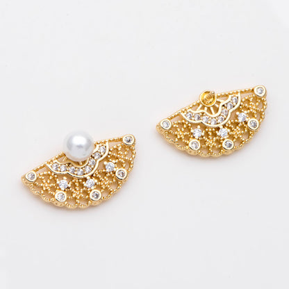 10pcs CZ Pave Fan Shape Earring Stud, Fan Stud Earring with Pearl Peg (#GB-1587)