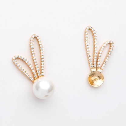 4pcs CZ Pave Rabbit Ear Posts, Bunny Stud Earrings, Pearl Peg Earring Mounts, Half Drilled Pearl Earring Settings (#GB-1776)