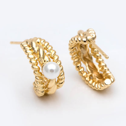 10pcs Gold Ear Posts, 18K Gold plated Brass, Hoop Stud Earrings 15mm, with Cup Peg for Half Drilled Pearl (GB-2619)