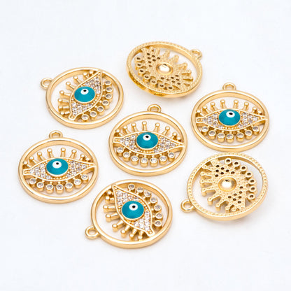 4pcs CZ Pave Evil Eye Round Charms, 18K Gold plated Brass, Enamel Eye Pendants (GB-4085-L)