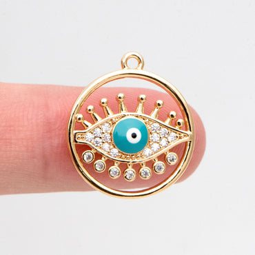 4pcs CZ Pave Evil Eye Round Charms, 18K Gold plated Brass, Enamel Eye Pendants (GB-4085-L)