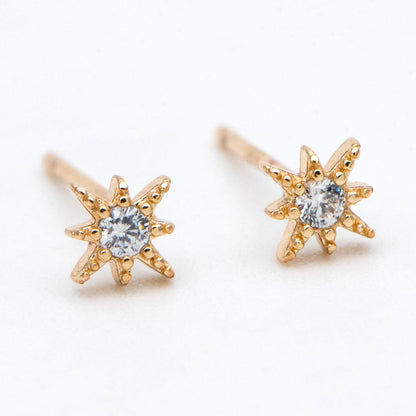 10pcs CZ Paved North Star Ear Posts, 5.5mm, Real Gold Plated Brass Star Stud Earrings (#GB-3041-E)