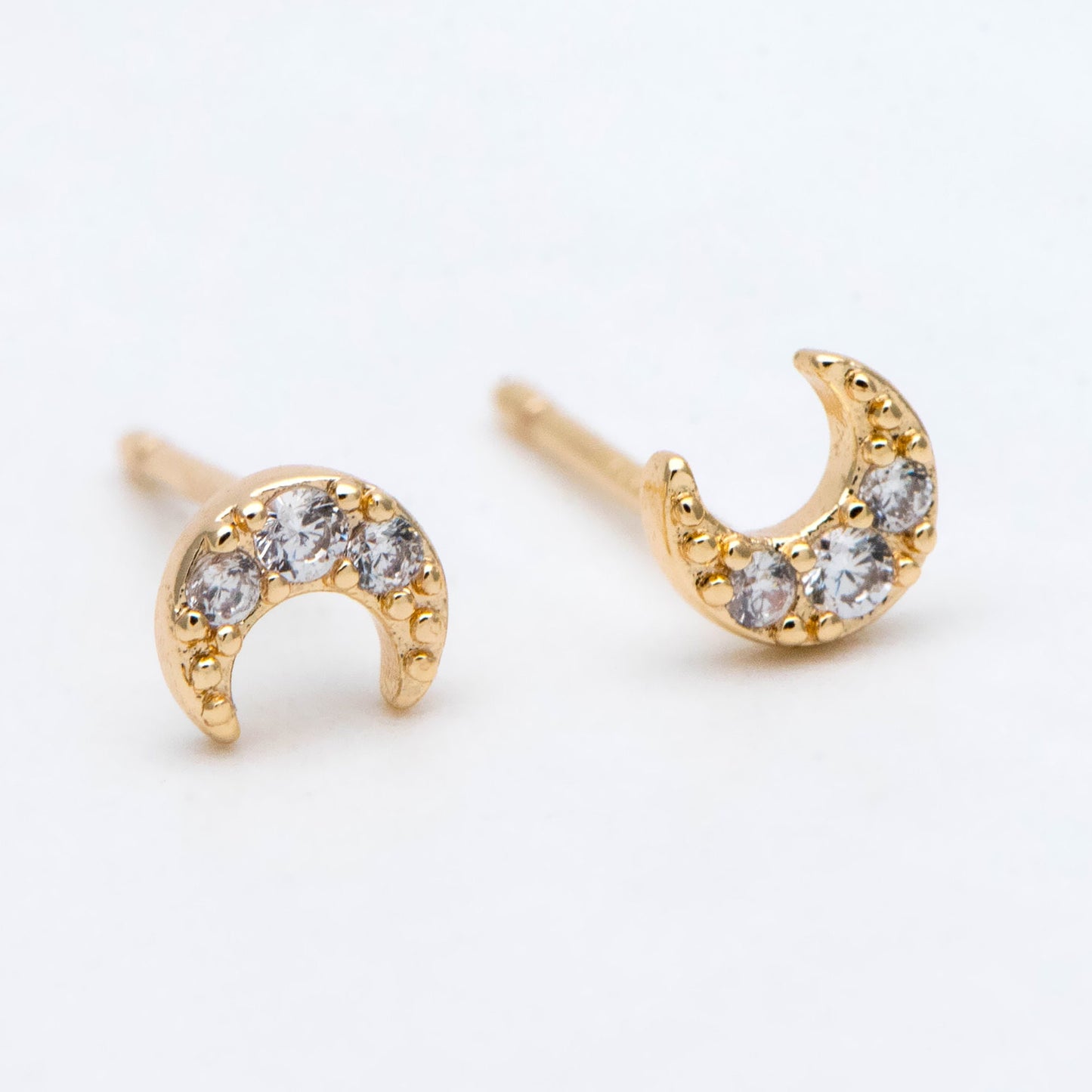 10pcs CZ Pave Moon Ear Posts 5mm, Real Gold Plated Brass Stud Earrings (#GB-3041-F)