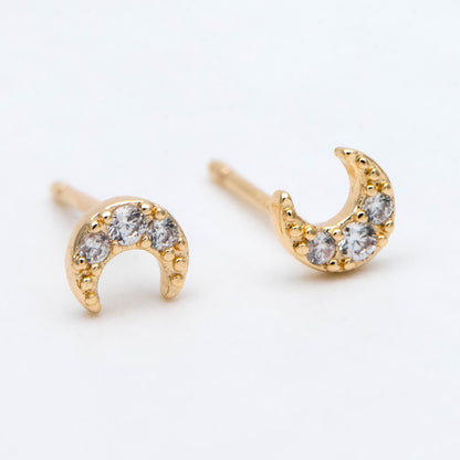 10pcs CZ Pave Moon Ear Posts 5mm, Real Gold Plated Brass Stud Earrings (#GB-3041-F)