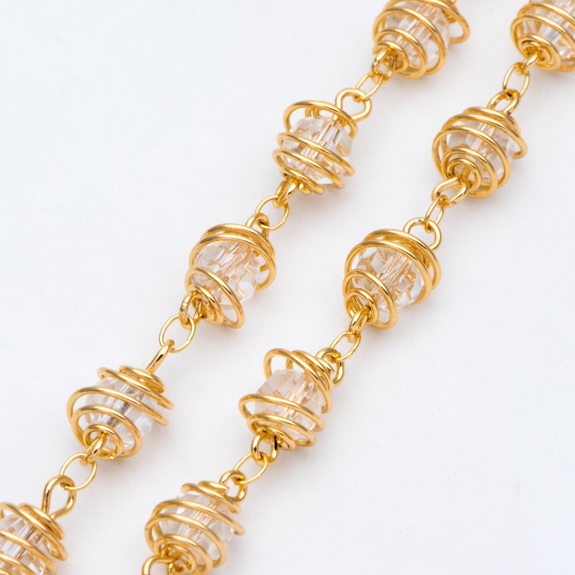 Gold Crystal Bead Chain 7.5mm, Glass Rondelle Beaded Chain, Handmade Wire Chain Wholesale (#LK-218-1)/ 1 Meter=3.3ft