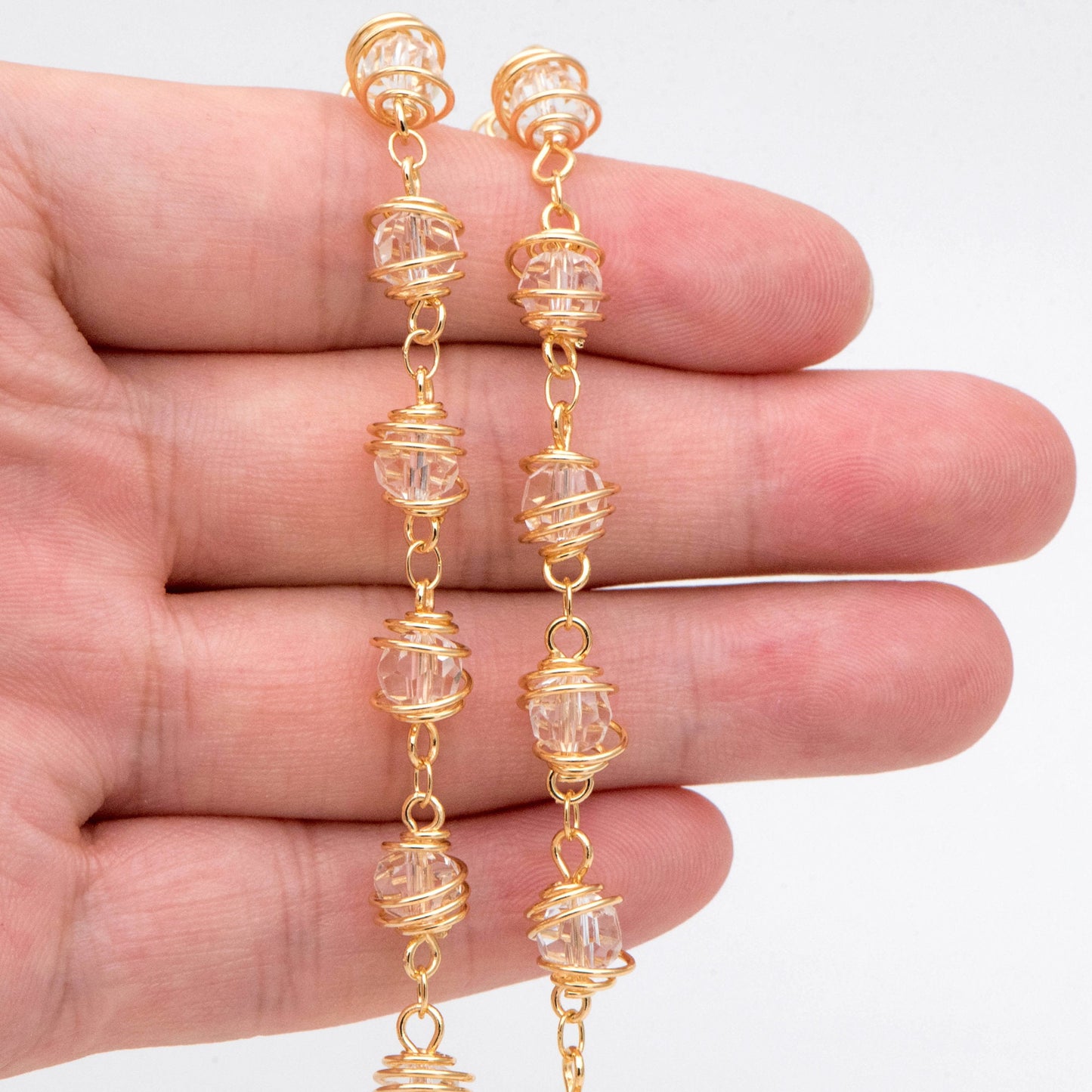 Gold Crystal Bead Chain 7.5mm, Glass Rondelle Beaded Chain, Handmade Wire Chain Wholesale (#LK-218-1)/ 1 Meter=3.3ft