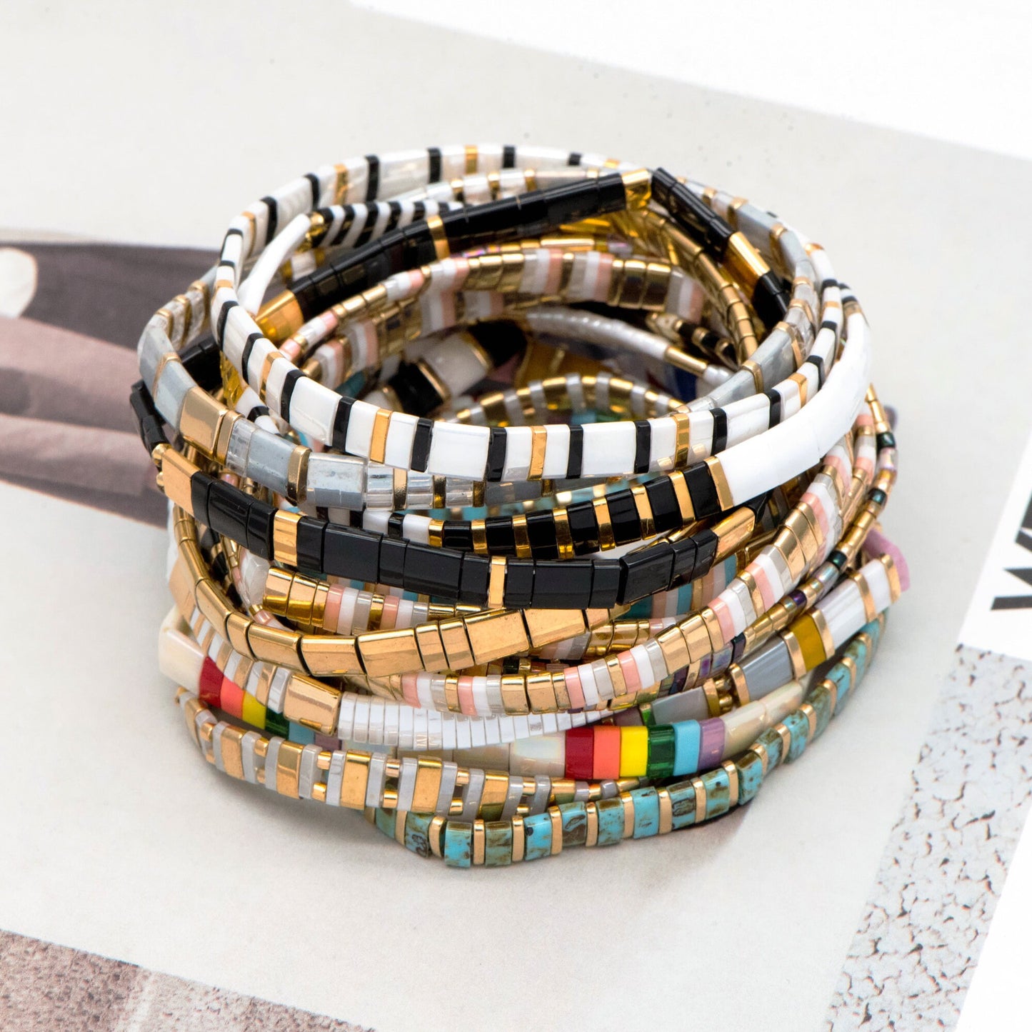 Tile Tila Bracelet, Crystal Beaded Bracelets, Rainbow Glass Bead Bracelets, Summer Jewelry, Beach Bracelets (RM-73)