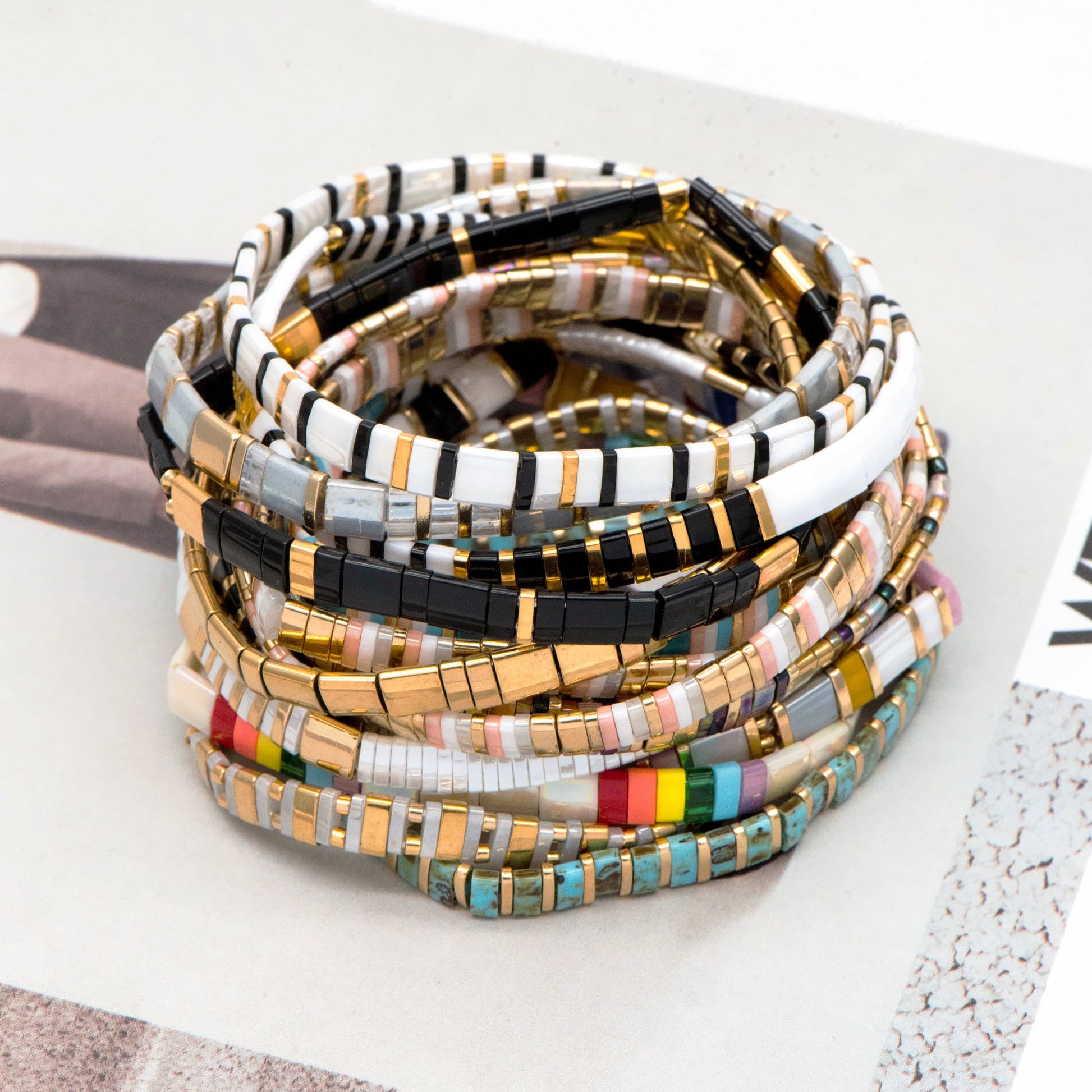 Tile Tila Bracelet, Crystal Beaded Bracelets, Rainbow Glass Bead Bracelets, Summer Jewelry, Beach Bracelets (RM-73)