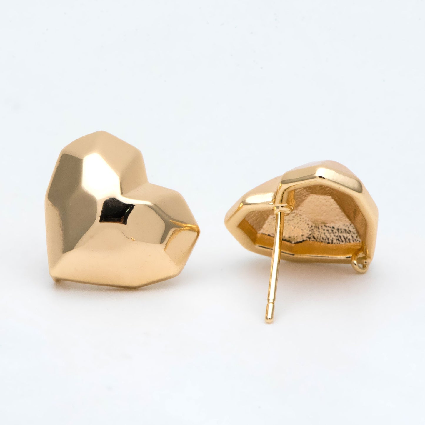 10pcs Gold Faceted Heart Earring With Loop, Gold plated Brass, Geometric Stud Earrings (GB-2966)
