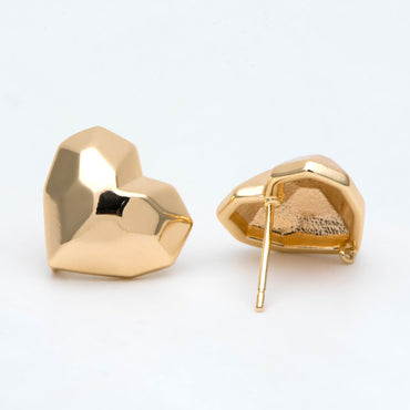 10pcs Gold Faceted Heart Earring With Loop, Gold plated Brass, Geometric Stud Earrings (GB-2966)