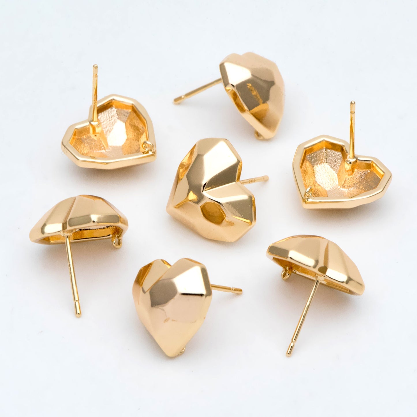 10pcs Gold Faceted Heart Earring With Loop, Gold plated Brass, Geometric Stud Earrings (GB-2966)