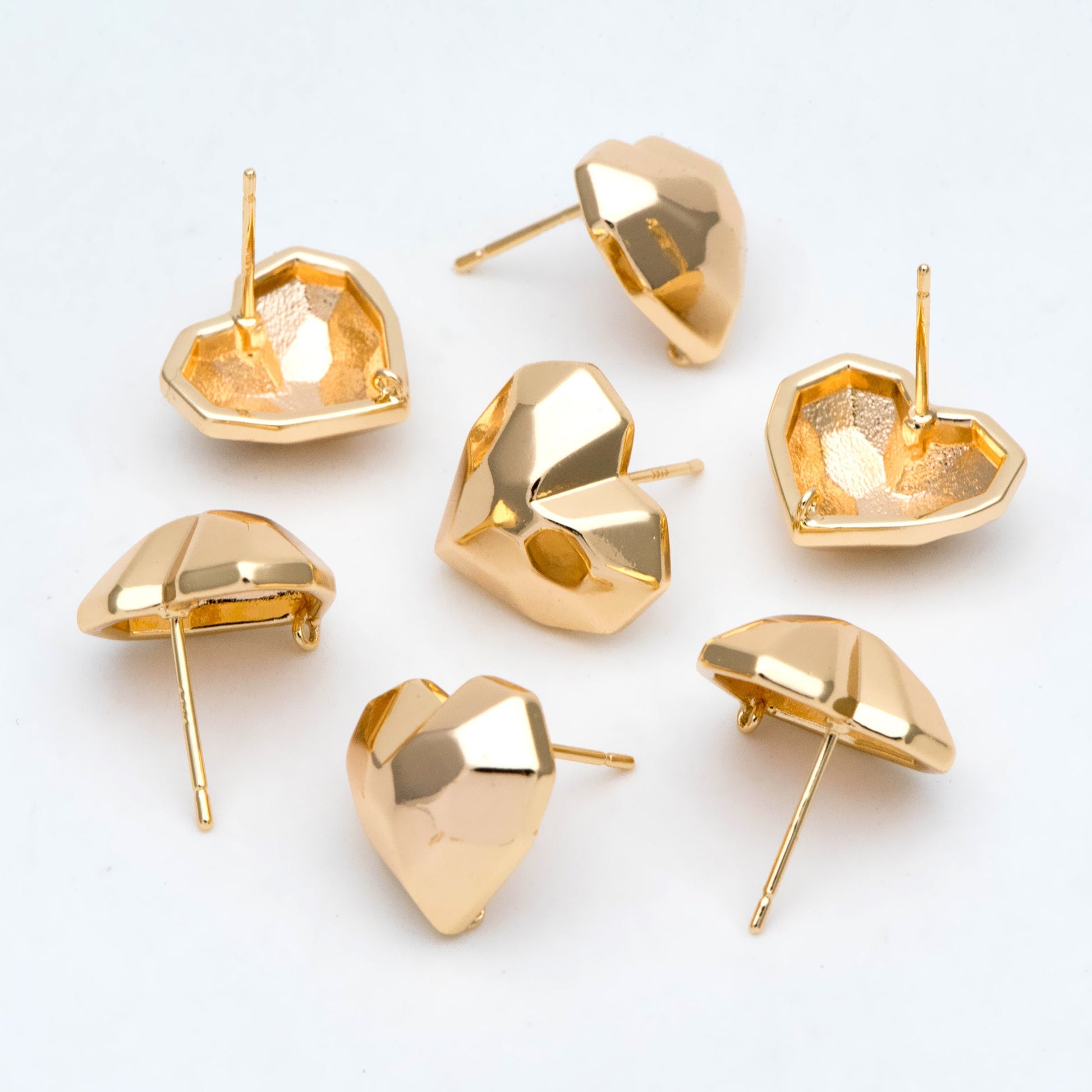 10pcs Gold Faceted Heart Earring With Loop, Gold plated Brass, Geometric Stud Earrings (GB-2966)
