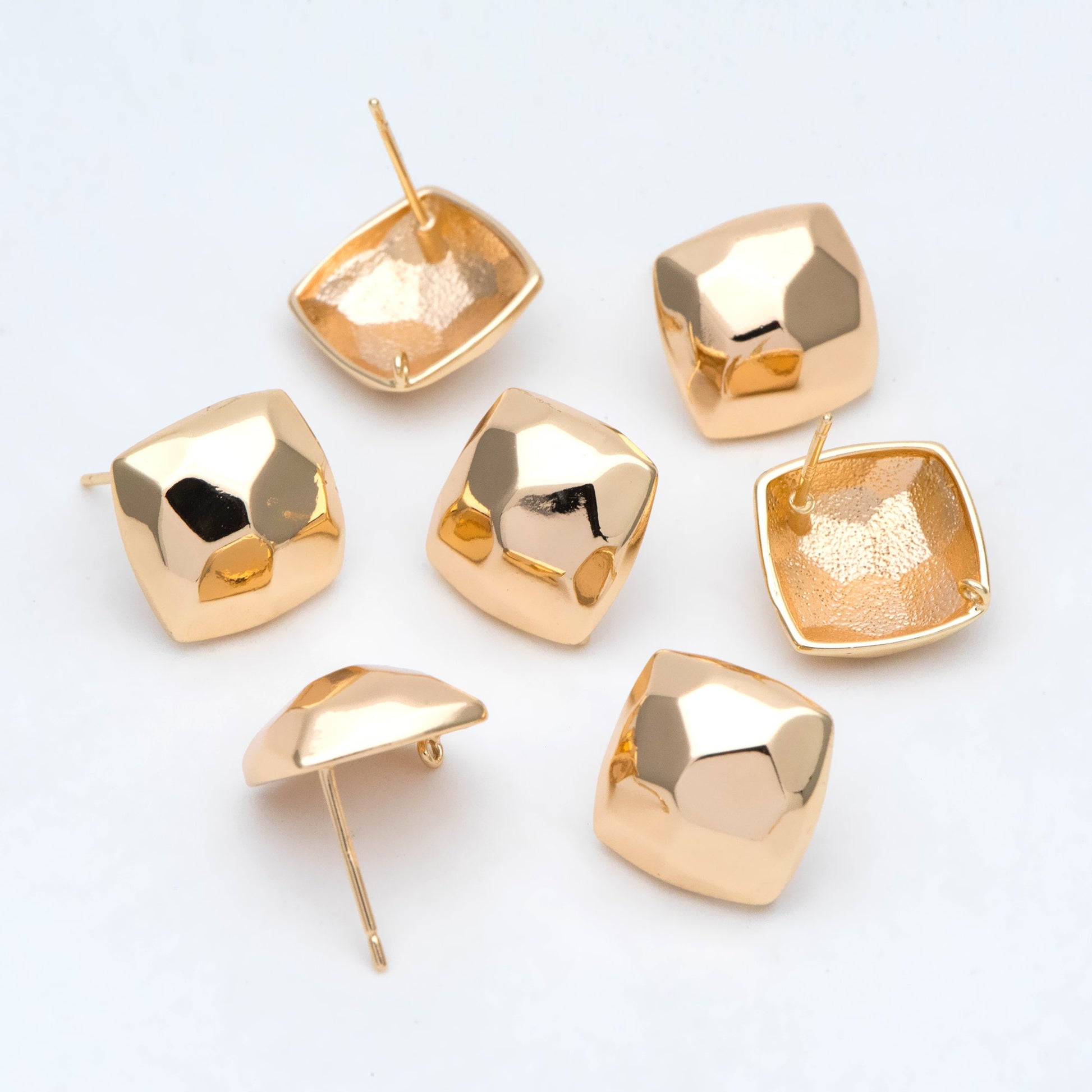 10pcs Gold Faceted Square Earring With Loop, Real Gold Plated Brass Geometric Earring Studs (GB-2967)