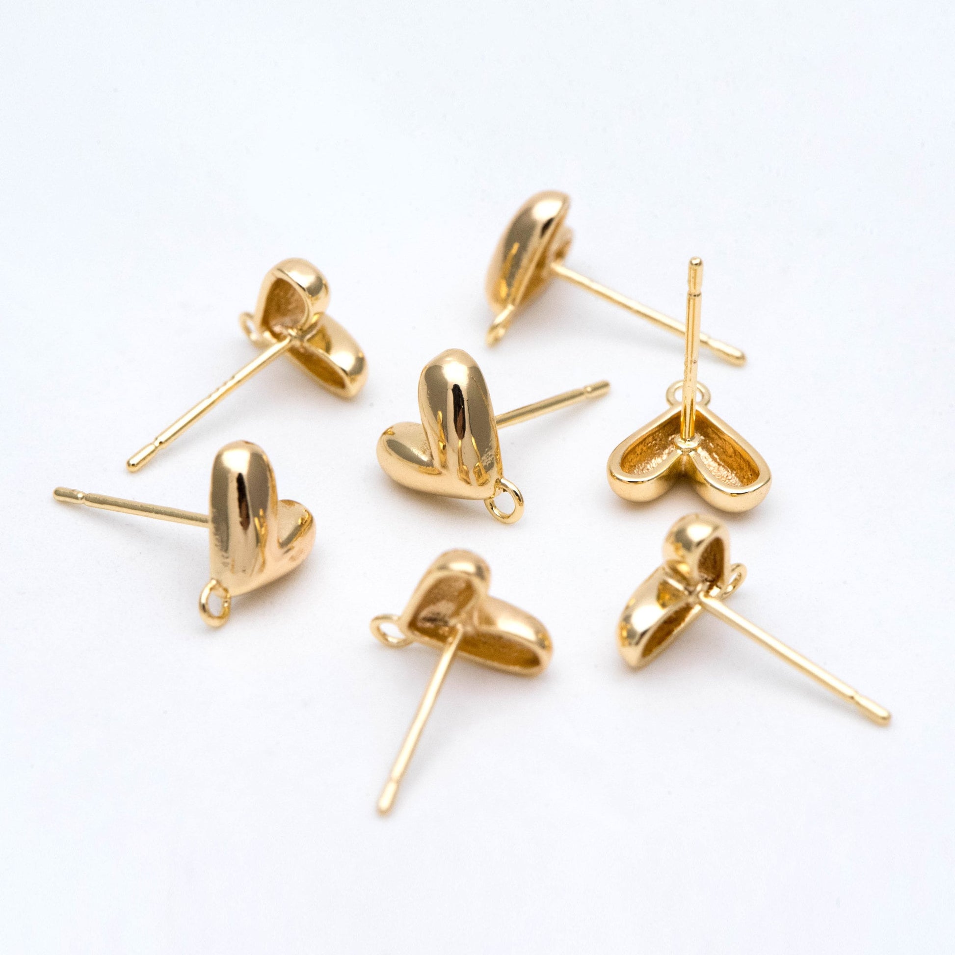 10pcs Gold Heart Ear Post with Loop, Real Gold plated Brass, Geometric Earring Studs (GB-2971)