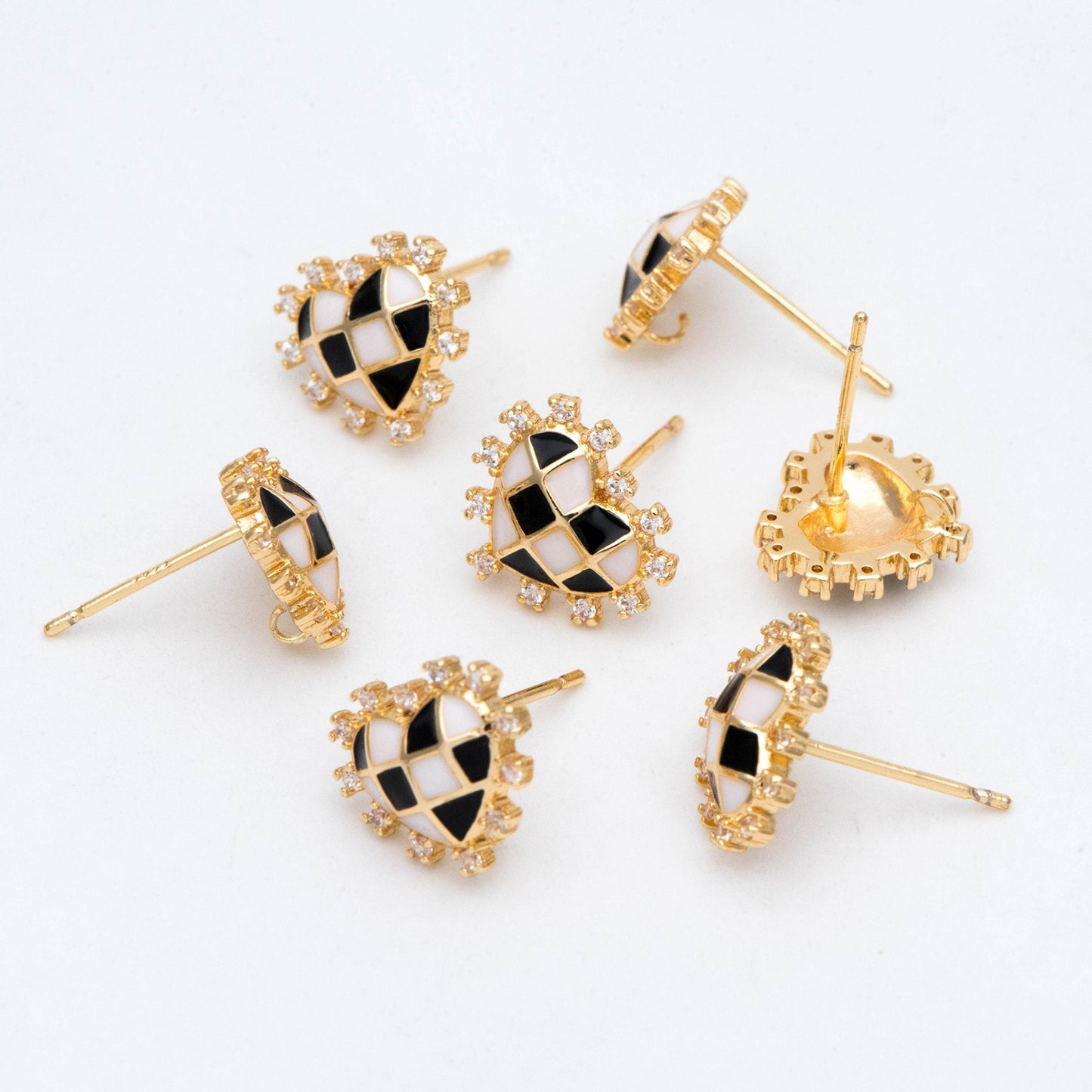 4pcs CZ Pave Gold Enamel Heart Earring with Loop, Gold plated Brass, Geometric Stud Earrings (GB-2976)