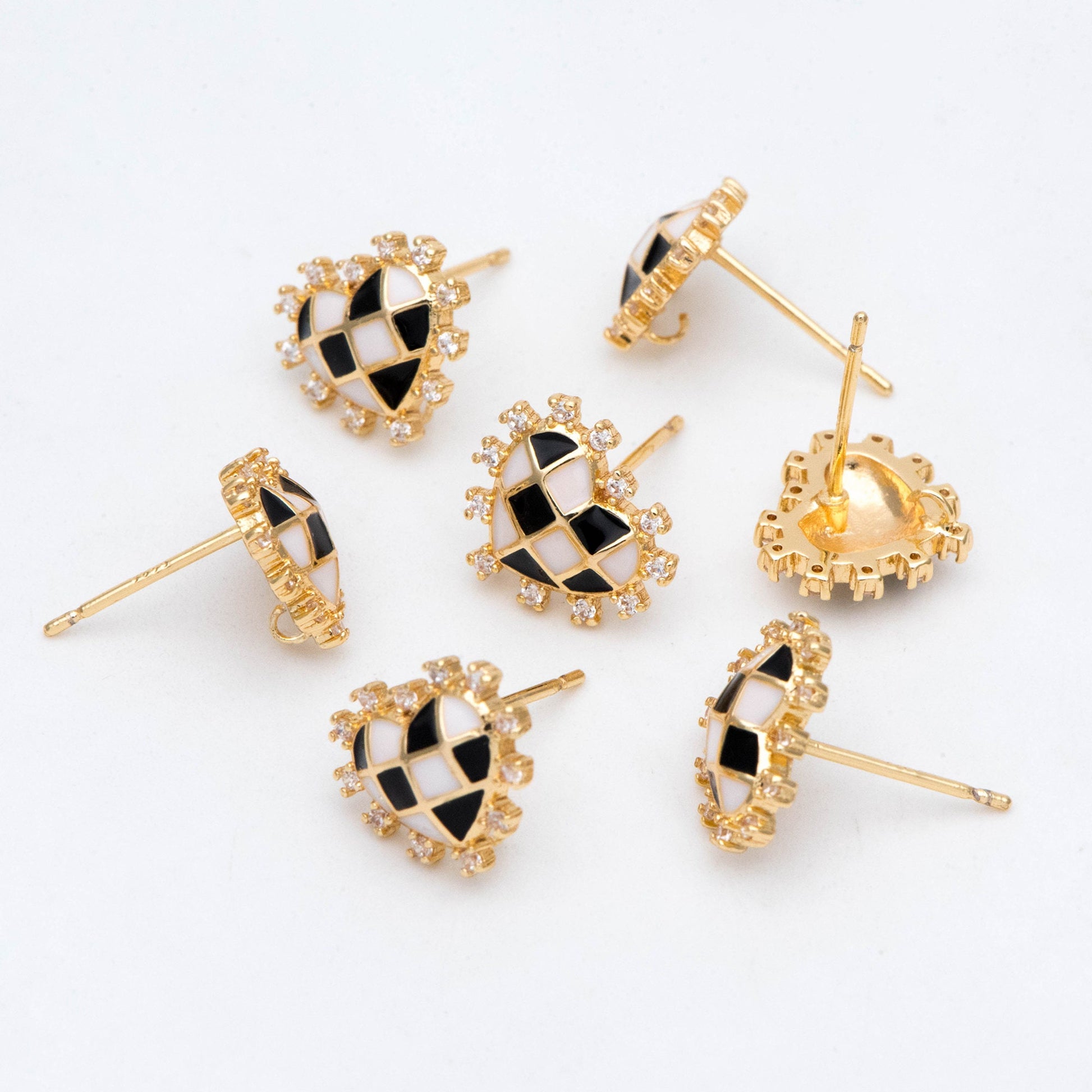 4pcs CZ Pave Gold Enamel Heart Earring with Loop, Gold plated Brass, Geometric Stud Earrings (GB-2976)