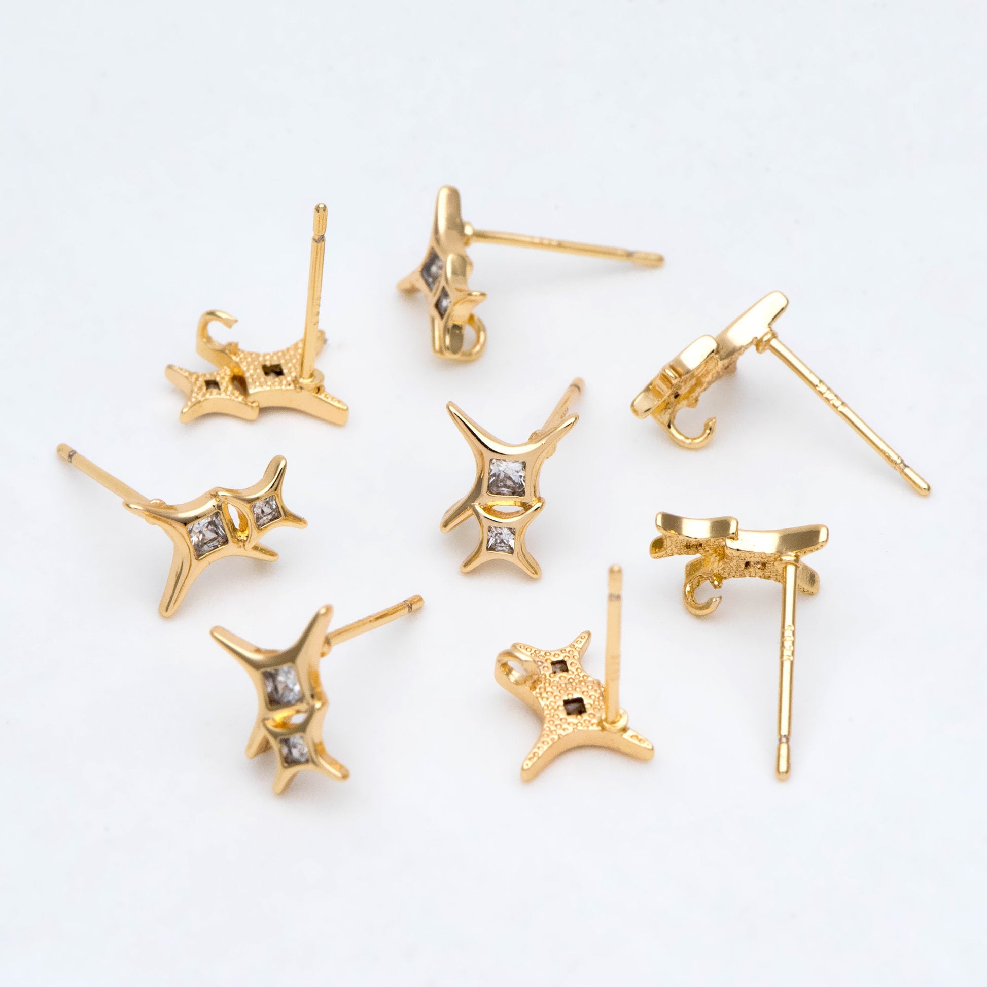 4pcs CZ Pave Gold Cross Star Earring with Loop, Gold Plated Brass North Star Stud Earrings (GB-2979)