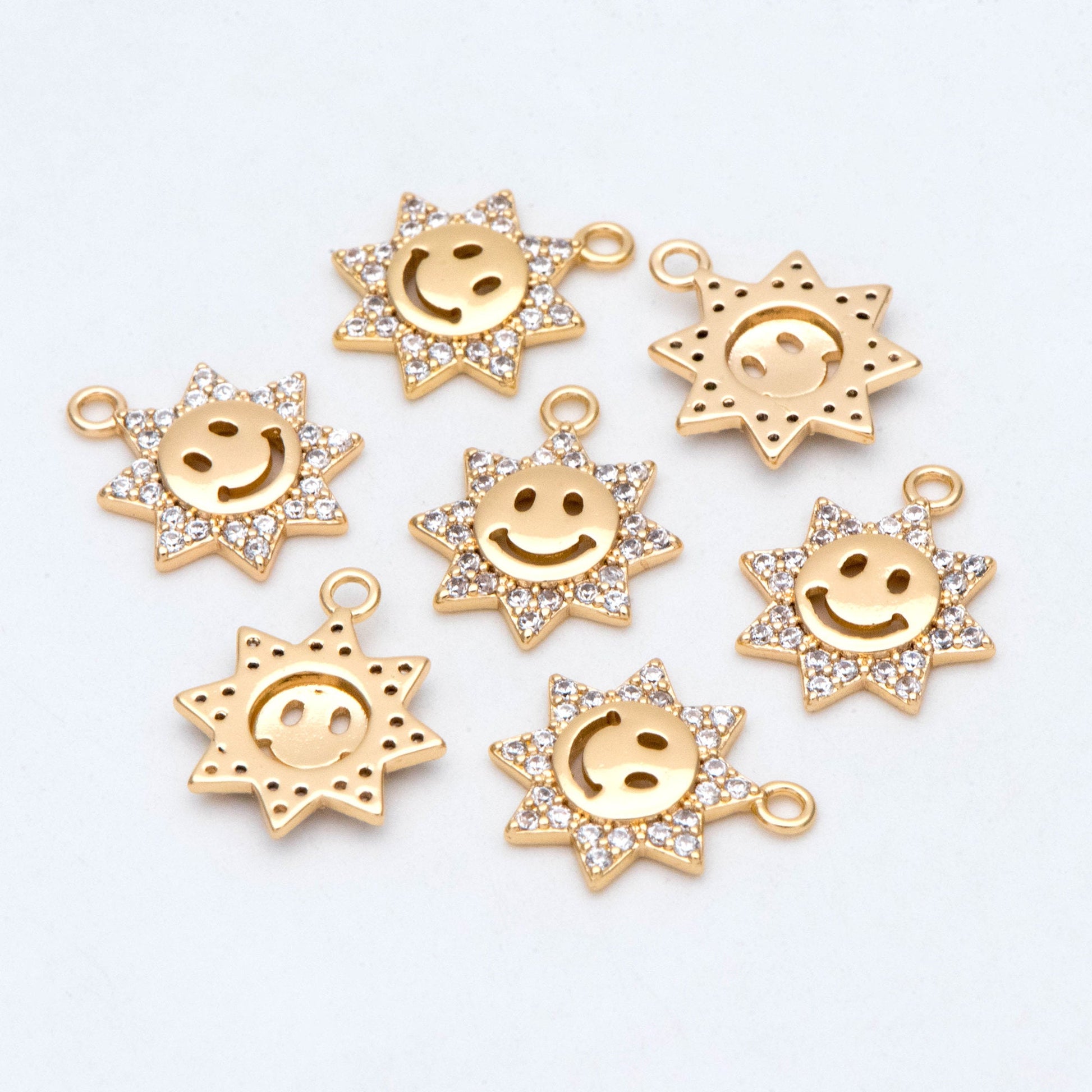 10pcs CZ Pave Gold Sun Charm, Gold Plated Brass Smiley Face Pendants (GB-1658-H)