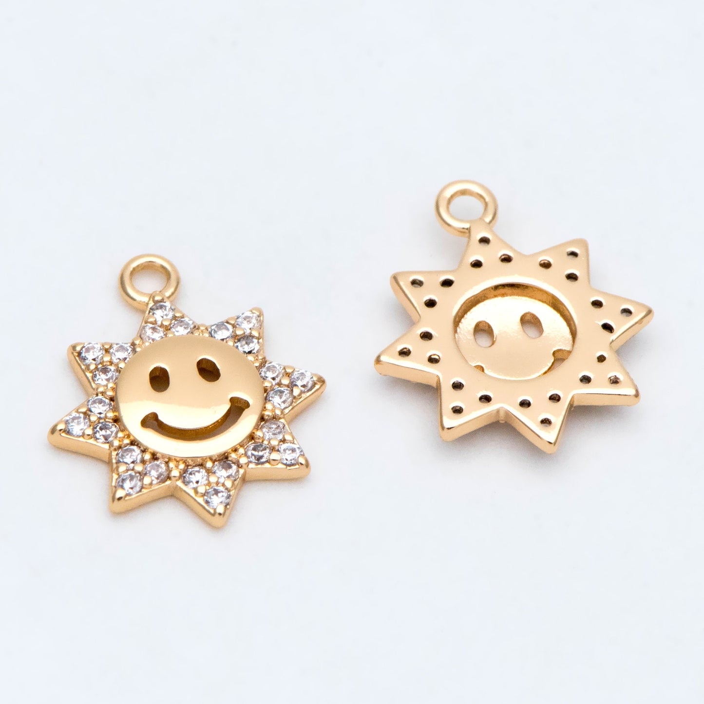 10pcs CZ Pave Gold Sun Charm, Gold Plated Brass Smiley Face Pendants (GB-1658-H)