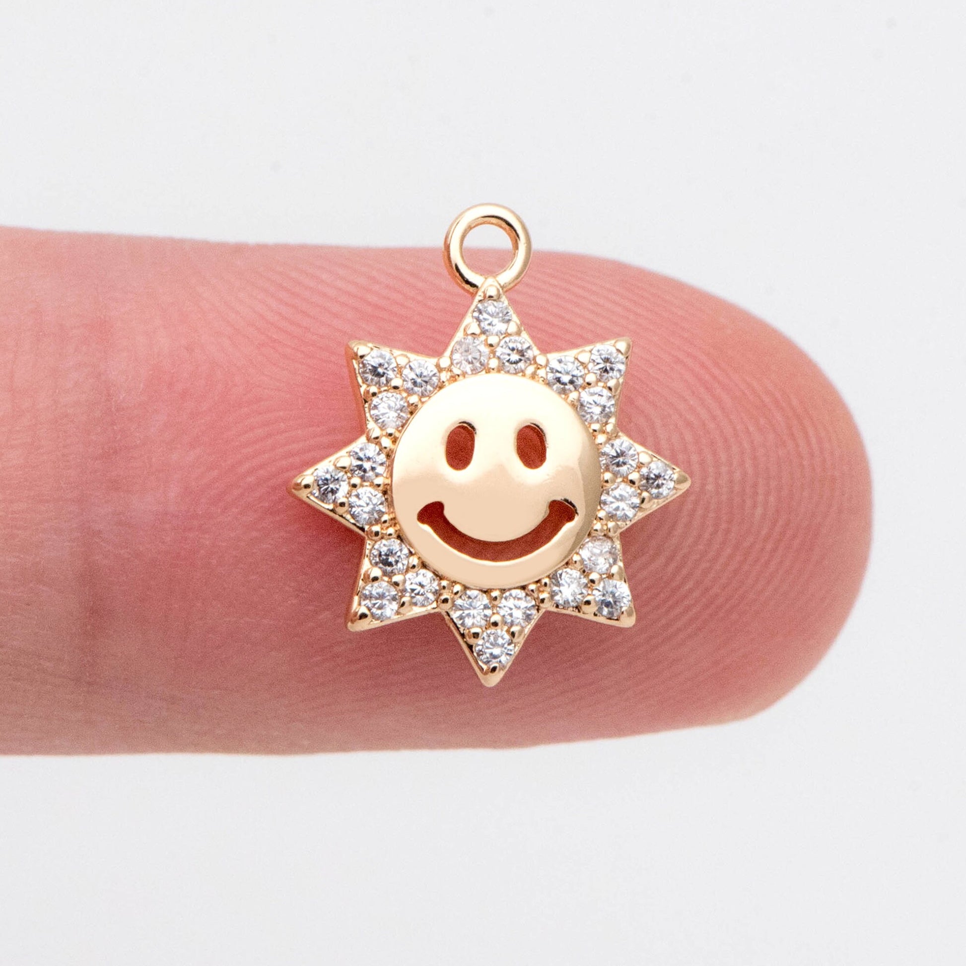 10pcs CZ Pave Gold Sun Charm, Gold Plated Brass Smiley Face Pendants (GB-1658-H)