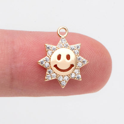 10pcs CZ Pave Gold Sun Charm, Gold Plated Brass Smiley Face Pendants (GB-1658-H)