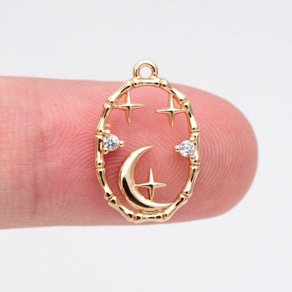 4pcs CZ Pave Gold Oval Moon Star Charms 16.5x11mm, Jewelry Making, Diy Material, Jewelry Supplies (GB-2433-J)