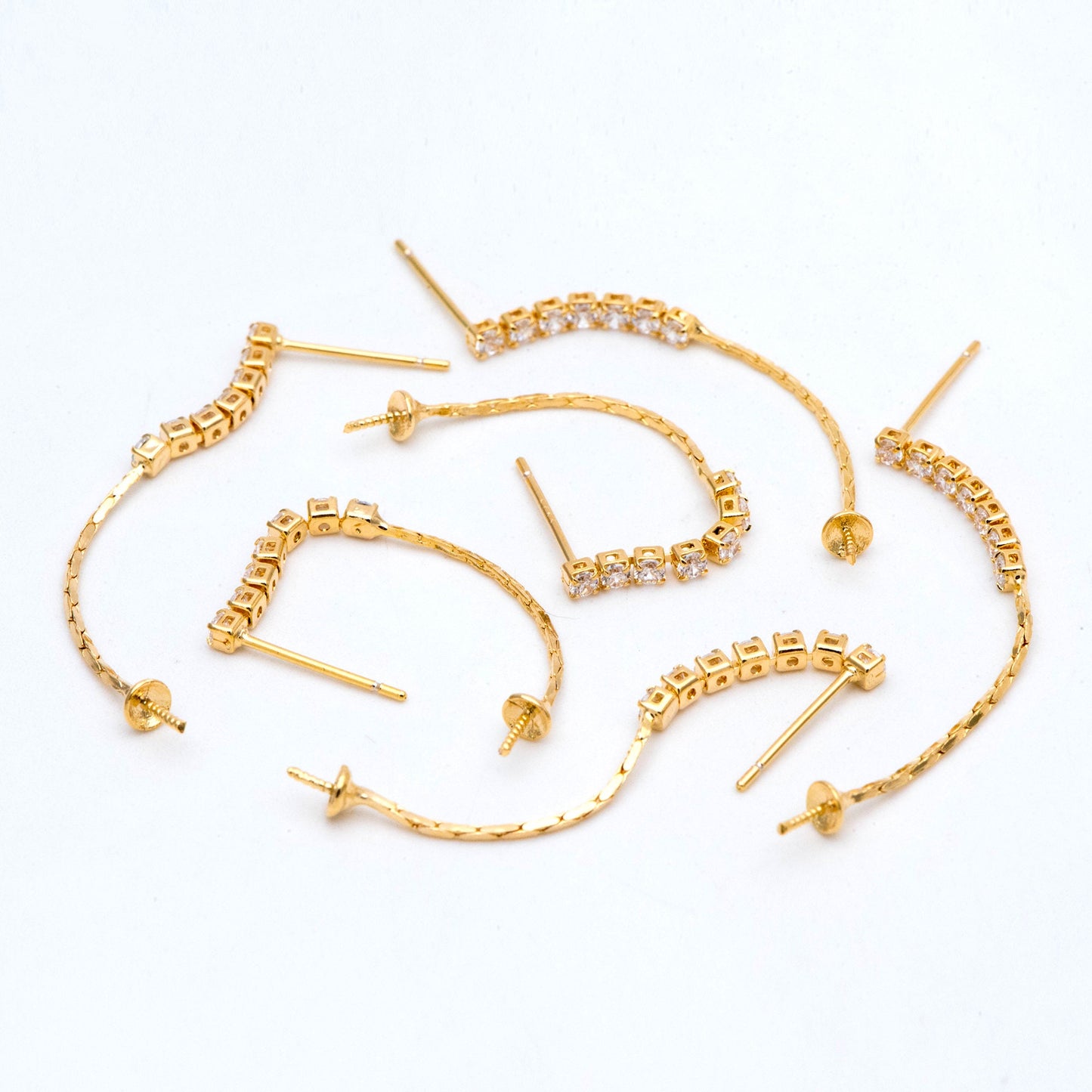 4pcs CZ Pave Gold/ Silver Chain Earring Stud, Pearl Peg Earring Mounts, Chain Stud Earrings with Peg (#GB-2983)