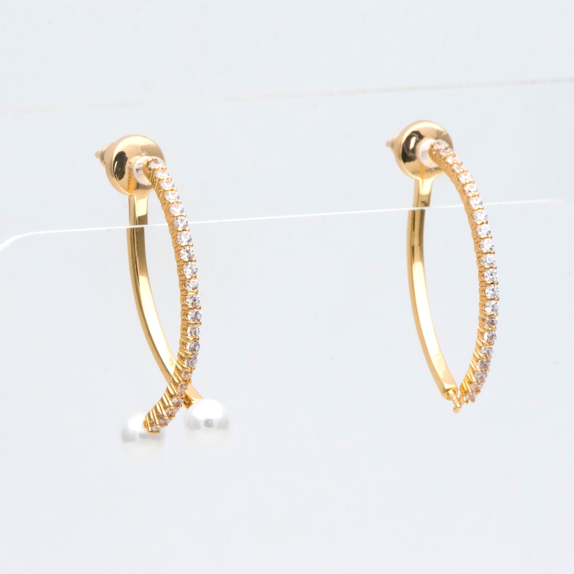 4pcs CZ pave Gold Curved Bar Ear Posts with Ear back Stopper, Pearl Earring Mounts, Half Drilled Pearls Earring Settings (GB-2984)