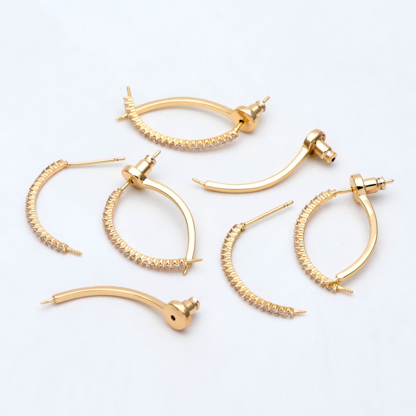 4pcs CZ pave Gold Curved Bar Ear Posts with Ear back Stopper, Pearl Earring Mounts, Half Drilled Pearls Earring Settings (GB-2984)