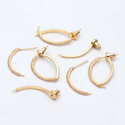 4pcs CZ pave Gold Curved Bar Ear Posts with Ear back Stopper, Pearl Earring Mounts, Half Drilled Pearls Earring Settings (GB-2984)