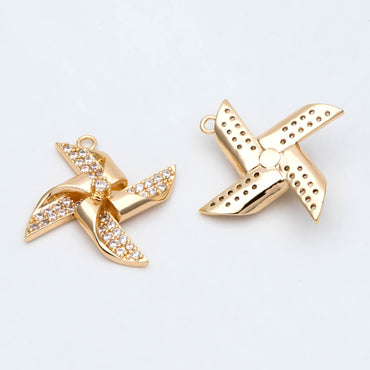 4pcs CZ Pave Gold Windmill Charm, Real Gold plated Brass, Jewelry Supply (GB-2999)