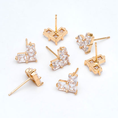 4pcs CZ Pave Heart Ear Posts, Gold Plated Brass Stud Earrings, Jewelry Findings, Wholesale Supplies (GB-3115)