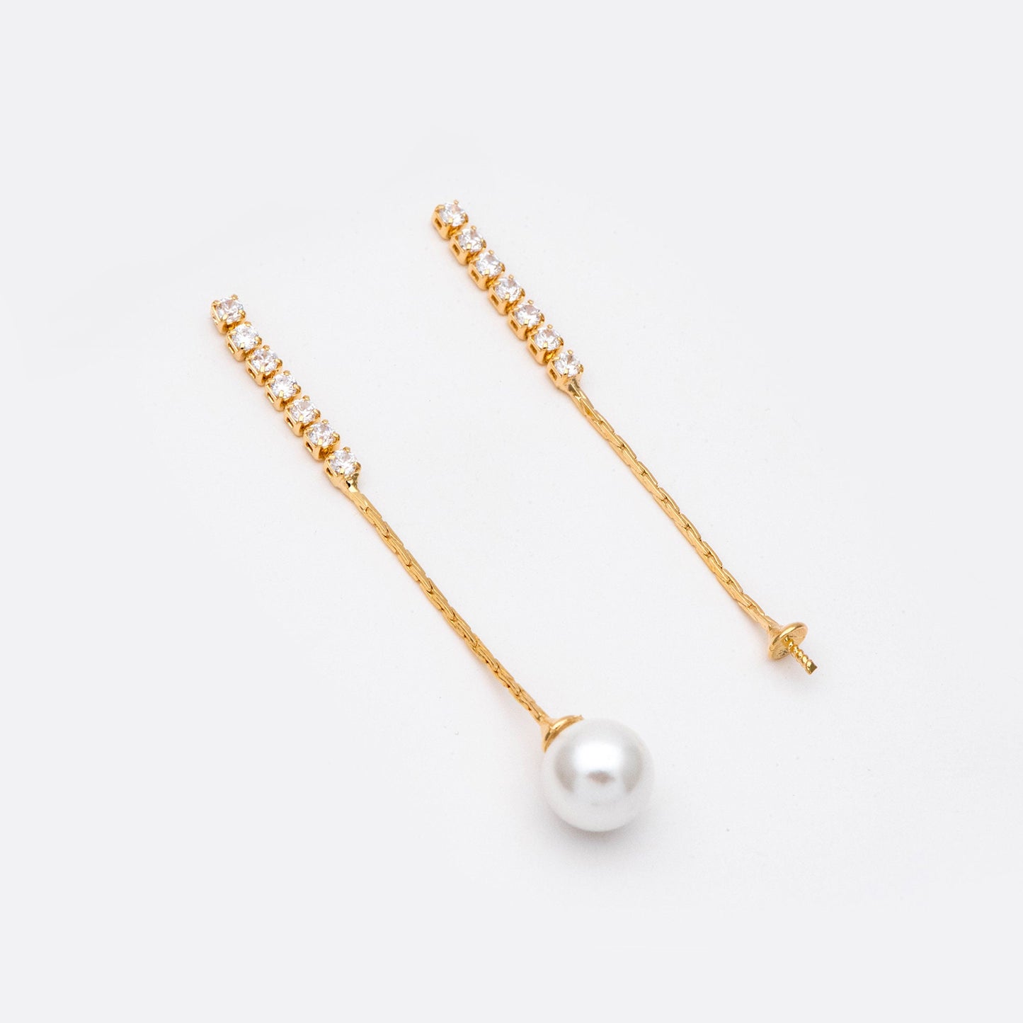 4pcs CZ Pave Gold/ Silver Chain Earring Stud, Pearl Peg Earring Mounts, Chain Stud Earrings with Peg (#GB-2983)