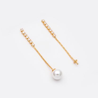 4pcs CZ Pave Gold/ Silver Chain Earring Stud, Pearl Peg Earring Mounts, Chain Stud Earrings with Peg (#GB-2983)