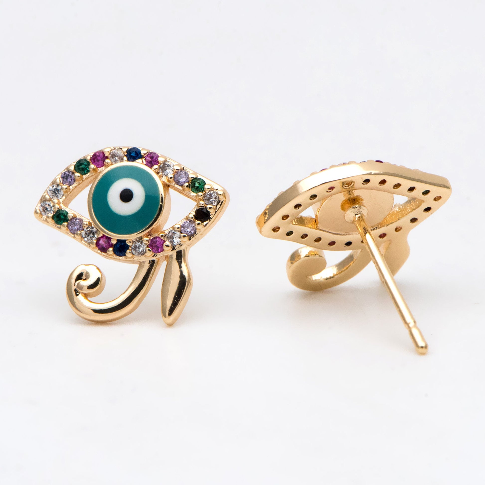 4pcs CZ Paved Evil Eye Earring Stud, Real Gold plated Brass, Enamel Eye Earrings (GB-3025)