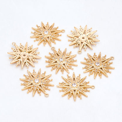 4pcs Gold plated Brass North Star Charms 25x23mm, CZ Paved Star Pendants (GB-1048-M)