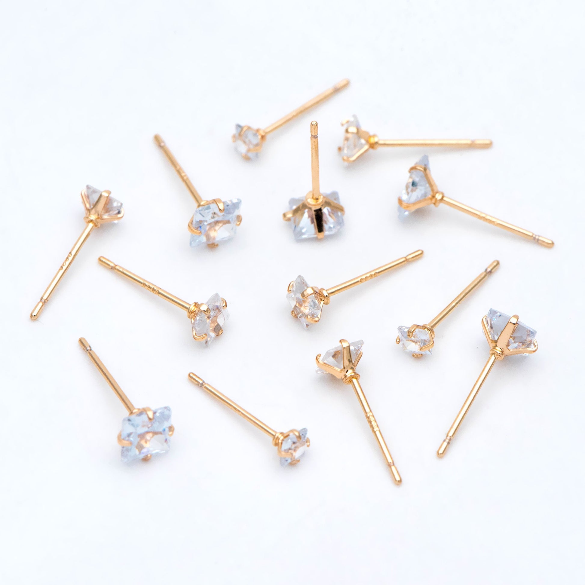 10pcs Micro Pave CZ Square Ear Posts, Real Gold Plated Brass Geometric Earring Studs (GB-3014)