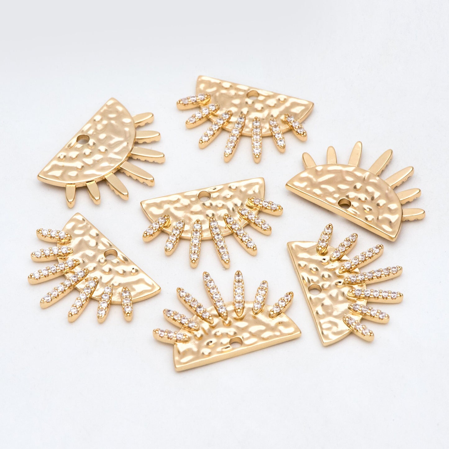 4pcs Gold CZ Hammered Half Round Charm 16.5x23.5mm, Sun Pendant, Jewelry Supply (GB-2259-H)